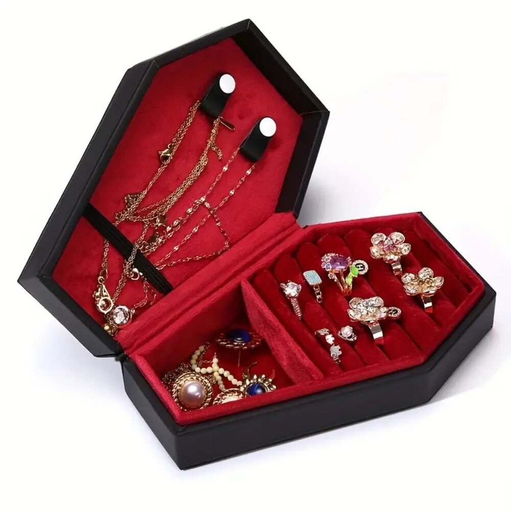 {NEW} Black and Red Decorative Coffin Shaped Jewelry Box - Picture 3 of 8